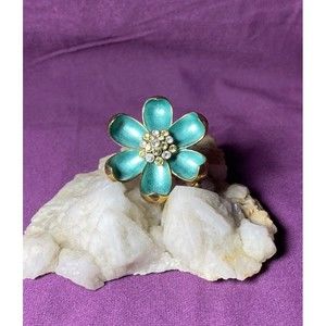 Vintage Circa 50s Flower Brooch Metallic Blue with Gold Backing And Rhinestones